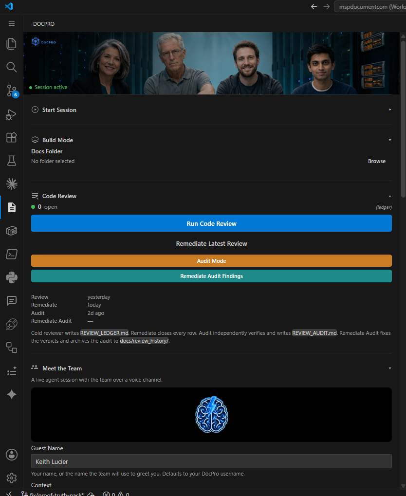 The DocPro sidebar in VS Code: Start Session, Build Mode, a Code Review panel with Run, Remediate, and Audit controls, a Meet the Team panel for a live voice session with the full team, and a Call Team panel for focused one-on-one calls with a single team member.