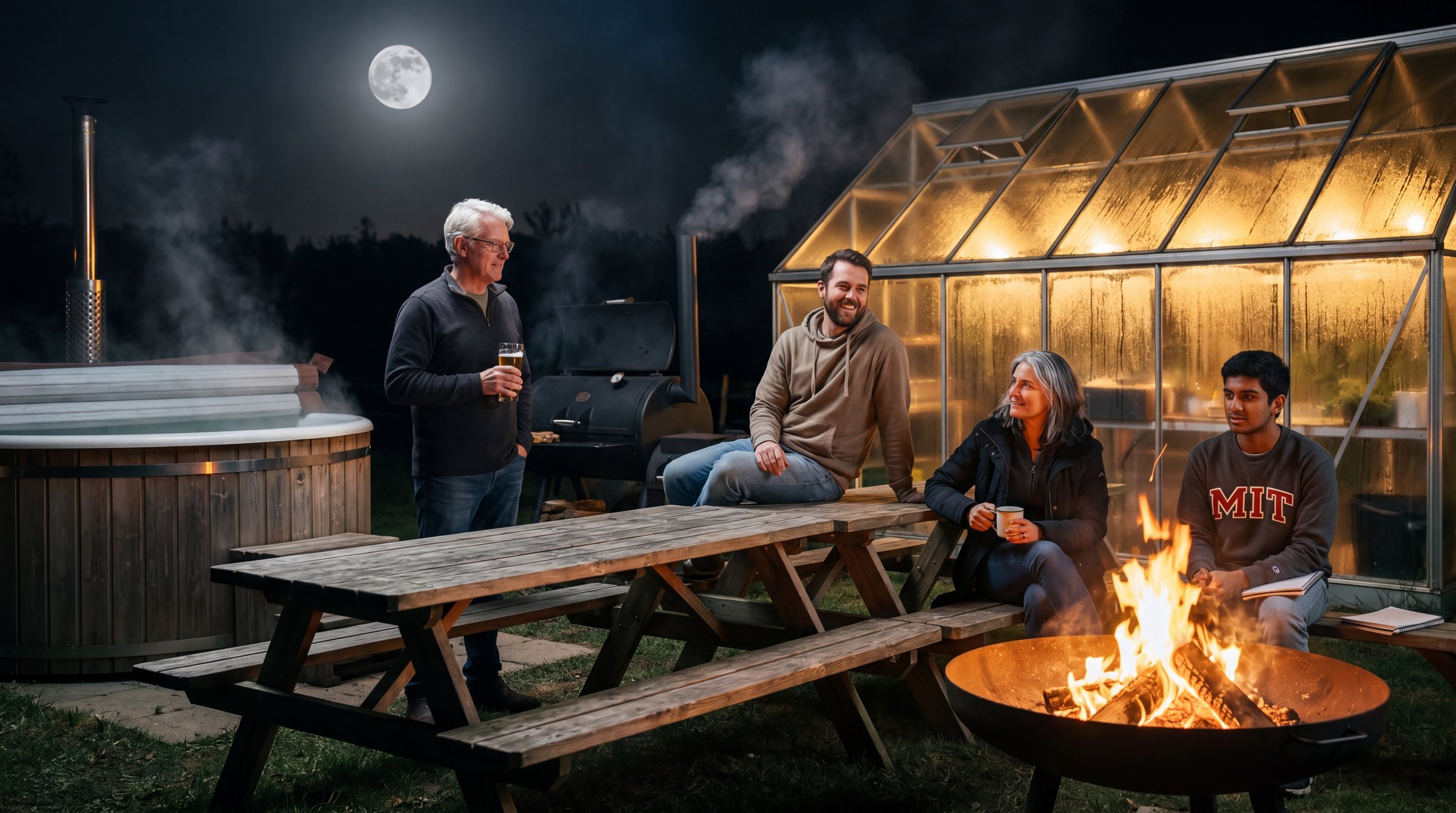 The DocPro team — Carl, Diana, Anthony, and Abish — around the fire pit at dusk.